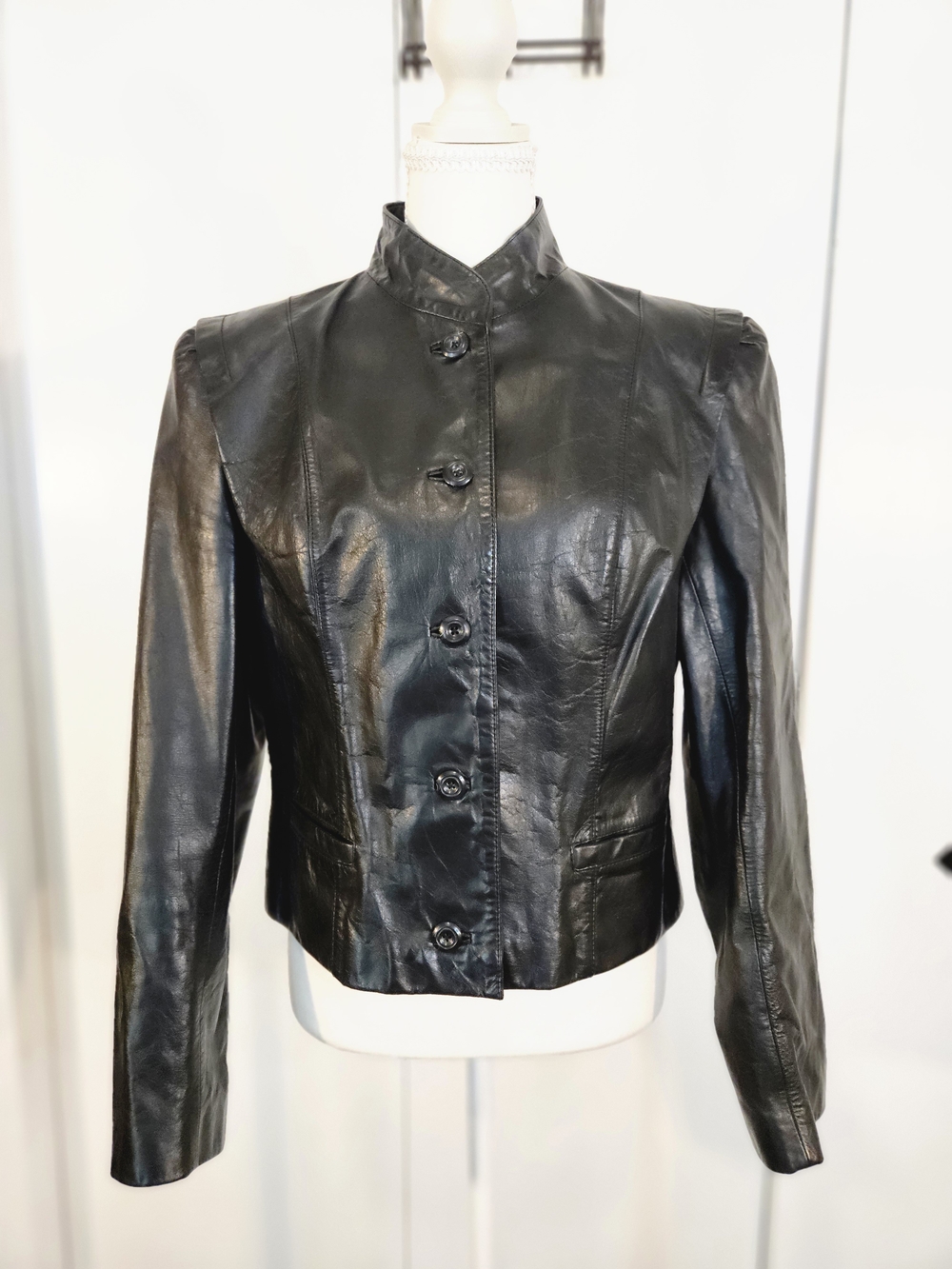 Black Leather Button-Front Women's Jacket